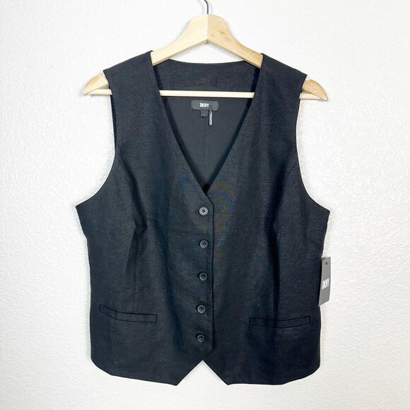 DKNY NWT Womens Office Old Money Linen Blend Button Front Vest Black Size Large - Picture 1 of 8